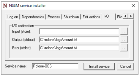 NSSM set param in IO tab
